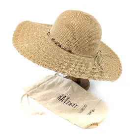 Folding Wide Brim Travel Sun Hat - Natural Beaded Band (59cm)