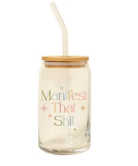 Glass Can with Lid   Straw - Manifest That Sh*t